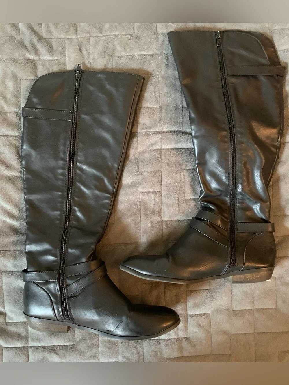 Vintage Black faux leather knee high boots with buckle detail size 8